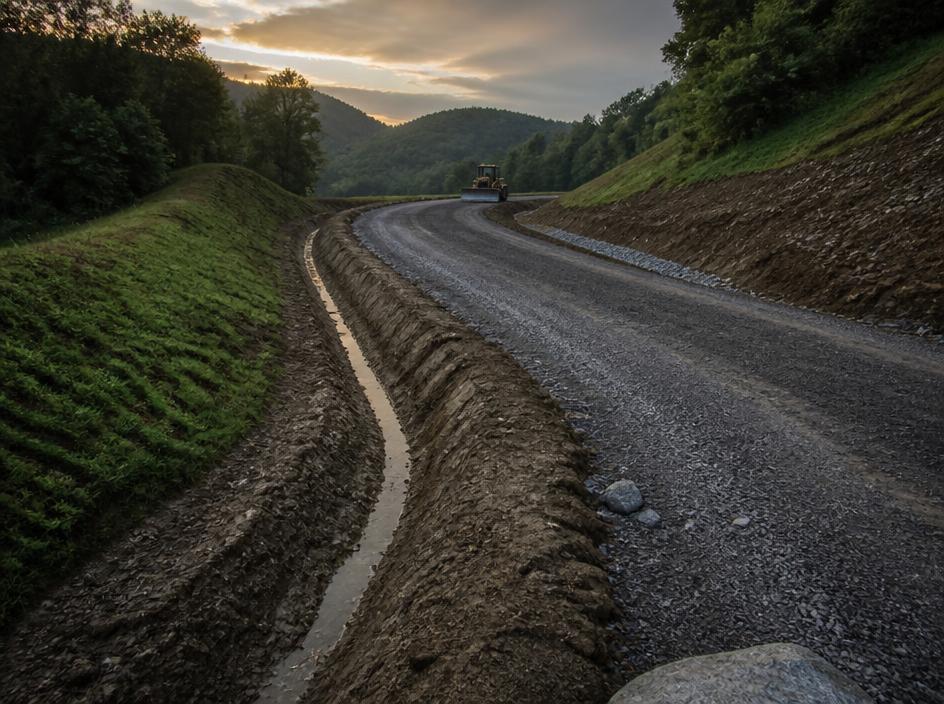 Graded gravel roadbed winding through hills at dusk